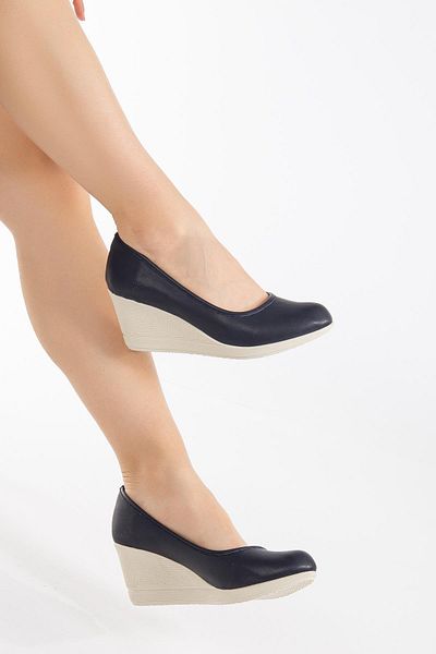 Dilimler Ayakkabı Wedge Sole Faux Leather Orthopedic Navy Blue Women's Wedge Heeled Shoes