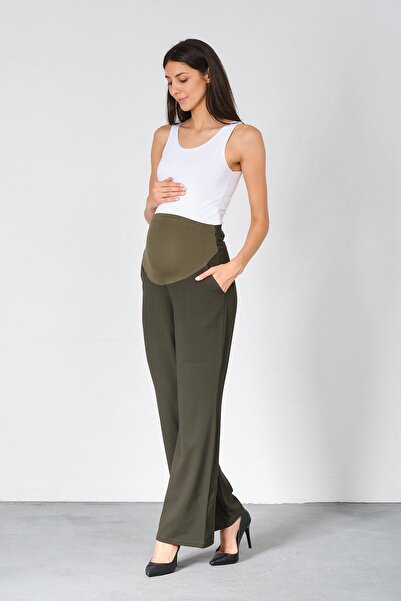 BUSA Pregnant Flexible Abdominal Banded Wide Leg Gabardine Classic Trousers Khaki