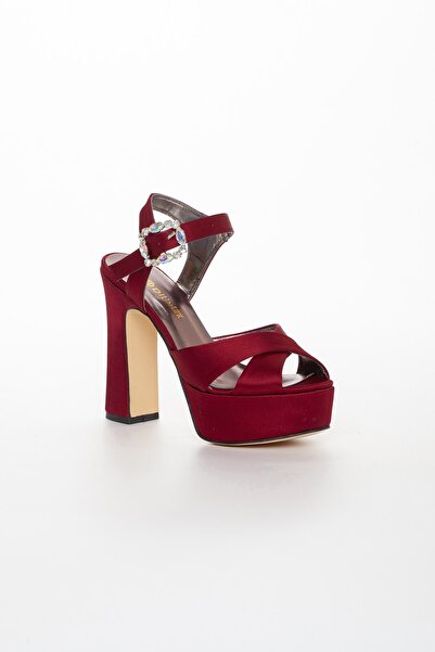 Dilimler Ayakkabı Platform Satin Stoned Burgundy Women's Heeled Evening Dress Shoes
