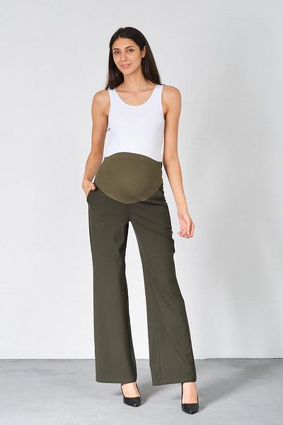 BUSA Pregnant Flexible Abdominal Banded Wide Leg Gabardine Classic Trousers Khaki