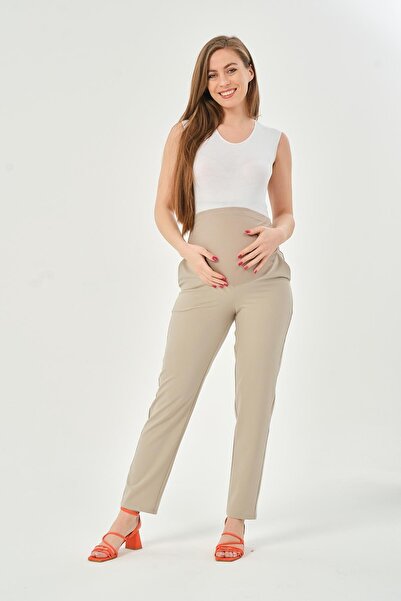BUSA Pregnant Flexible Abdominal Banded Waist Adjustable Mom Fit Classic Gabardine Trousers Stone