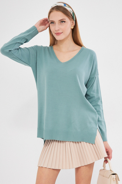 armonika Women's Turquoise V-Neck Front Short Rear Long Knitwear Sweater ARM-22Y012013
