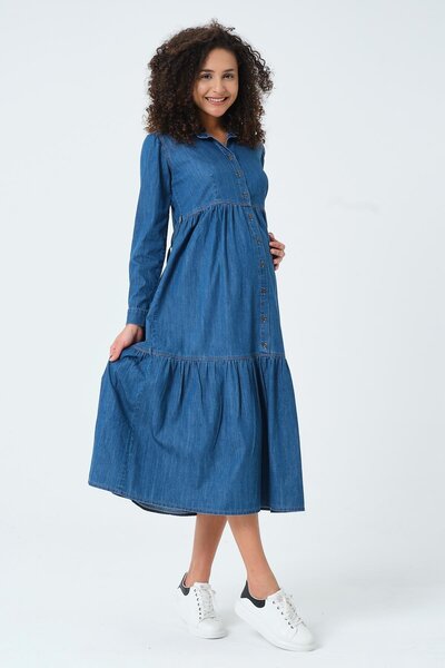 BUSA Hamile Önden Düğmeli Midi Boy Kot Elbise Mavi