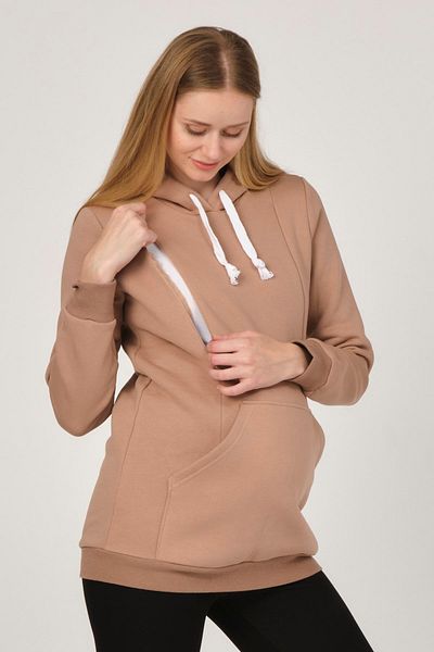 BUSA Pregnant Breastfeeding Detailed Thermal Hooded Sweatshirt Beige