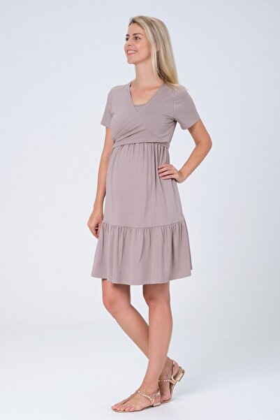 BUSA Λεπτομερές χτενισμένο βαμβακερό κοντομάνικο φόρεμα βιζόν με ζώνη εγκυμοσύνης