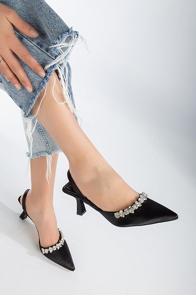 Dilimler Ayakkabı Satin Stoned Symmetric Cut Black Short Heeled Women's Evening Dress Shoes