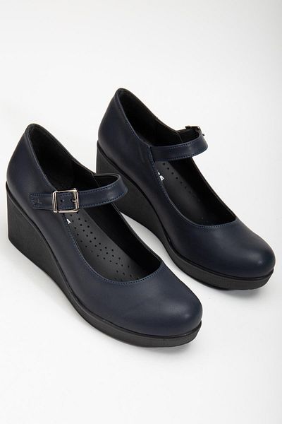 Dilimler Ayakkabı Navy Blue Faux Leather Women's Wedge Sole Shoes - with Helmet