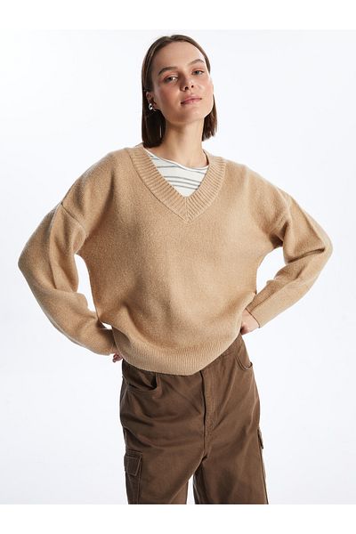 LC Waikiki V-Neck Plain Long Sleeve Oversize Women's Knitwear Sweater