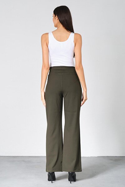 BUSA Pregnant Flexible Abdominal Banded Wide Leg Gabardine Classic Trousers Khaki