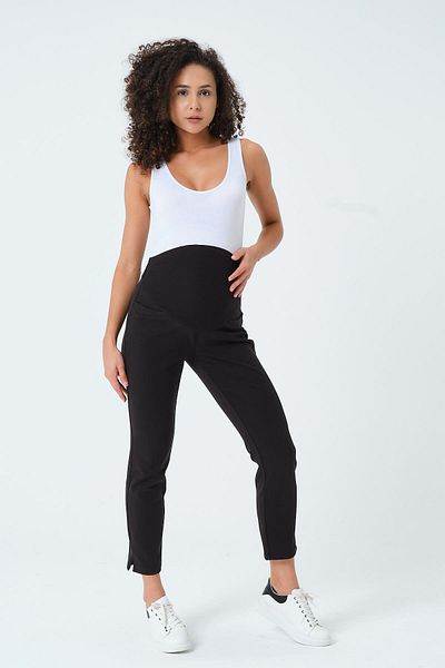 BUSA Pregnant Flexible Abdominal Banded Waist Adjustable Mom Fit Gabardine Trousers Black