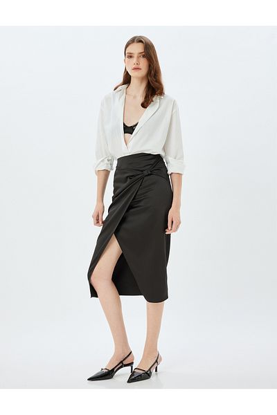 Koton Fusta midi din satin slim fit - cu fantă dublu și detaliu fundă