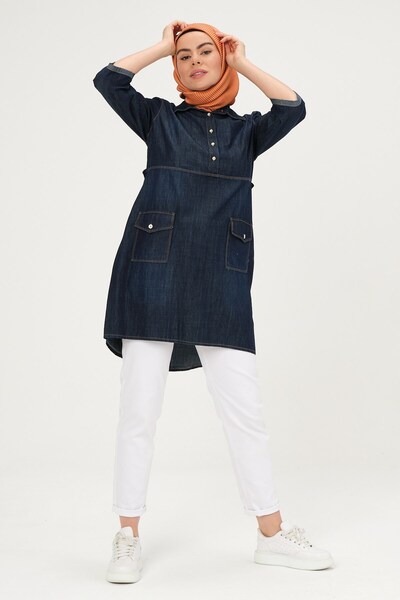 BUSA Hamile Gömlek Yaka Önden Cep Detaylı Kot Tesettür Tunik Mavi