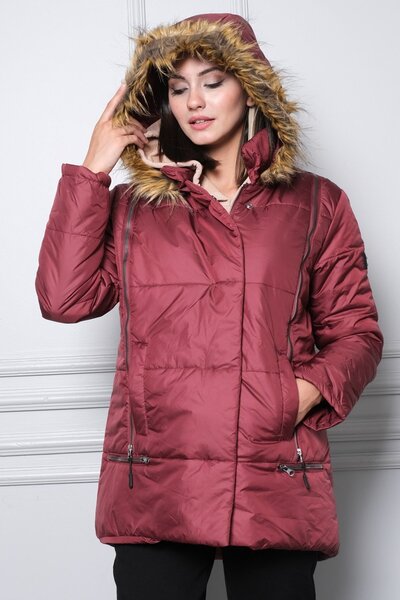 BUSA Hamile Fermuar Detaylı Şişme Hamile Mont Claret Red