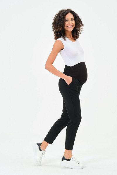 BUSA Pregnant Flexible Abdominal Banded Waist Adjustable Mom Fit Classic Trousers Black