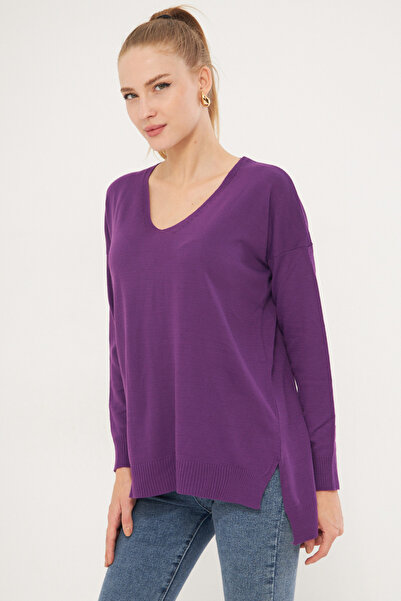 armonika Women's Purple V-Neck Front Short Rear Long Knitwear Sweater ARM-22Y012013