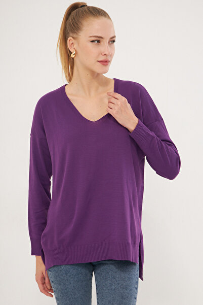 armonika Women's Purple V-Neck Front Short Rear Long Knitwear Sweater ARM-22Y012013