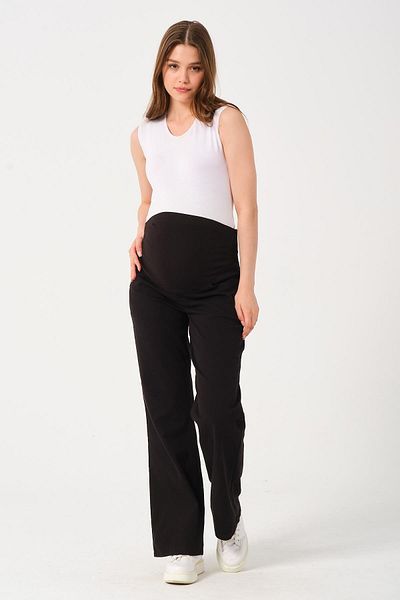 BUSA Black Maternity Pants - Flexible, Canvas, Adjustable Waist and Wide Leg