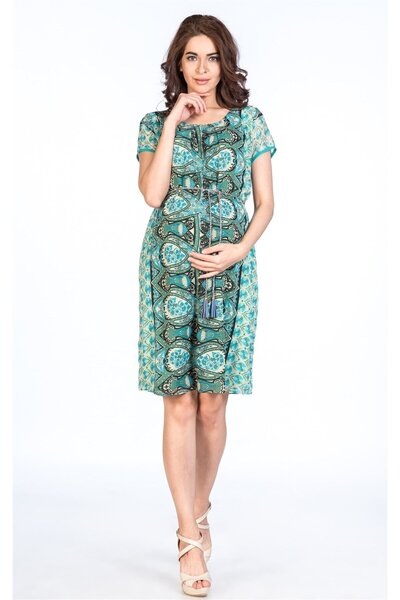 BUSA Hamile Desenli Kısa Kollu Elbise Yeşil
