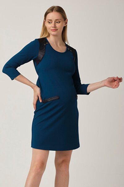 BUSA Hamile Çelik Kumaş Deri Garnili Dar Kesim Günlük Elbise Turkuaz