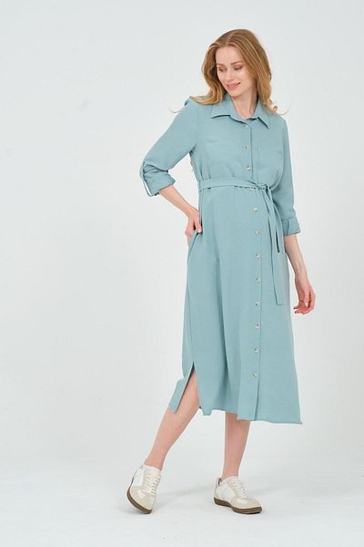 BUSA Rochie midi turcoaz - guler cămașă de maternitate, buzunar frontal