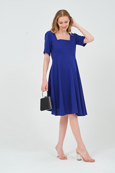 BUSA Hamile Midi Boy Kısa Kollu Kare Yaka Abiye Elbise Saks