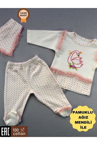 Tomuycuk 3-12 Months Pink Baby Girl and Child Set - Swan Embroidered Tulle Sweat Outfit