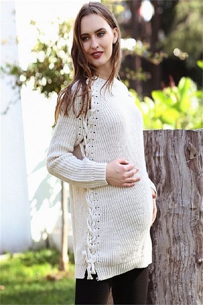 BUSA Pregnant Knit Detailed Knitwear Sweater Beige
