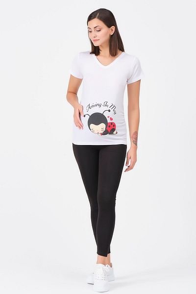 BUSA Tricou Maternitate Cu Decolteu în V Imprimat Buburuza Alb
