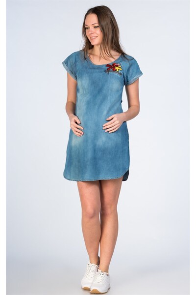 BUSA Φόρεμα τζιν εγκυμοσύνης με λουλουδάτο σχέδιο μπλε με τσέπες