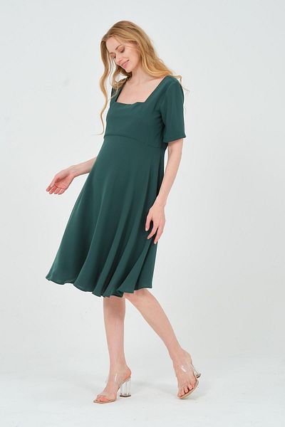 BUSA Green Midi Maternity Evening Dress - Short Sleeve and Square Collar