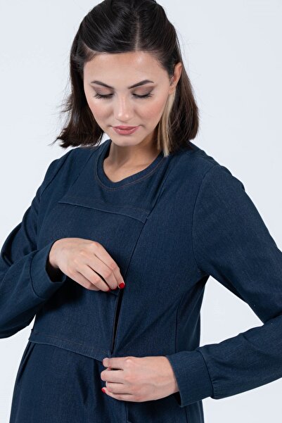 BUSA Hamile Emzirme Detaylı Yan Cepli Örme Kot Elbise Mavi