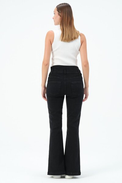 BUSA Hamile Esnek Karın Bantlı Önden Yırtmaçlı Ispanyol Paça Kot Pantolon Siyah