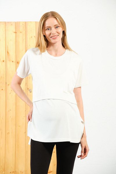 BUSA Ecru Color Oversize Maternity T-Shirt - Short Sleeve, Crew Neck