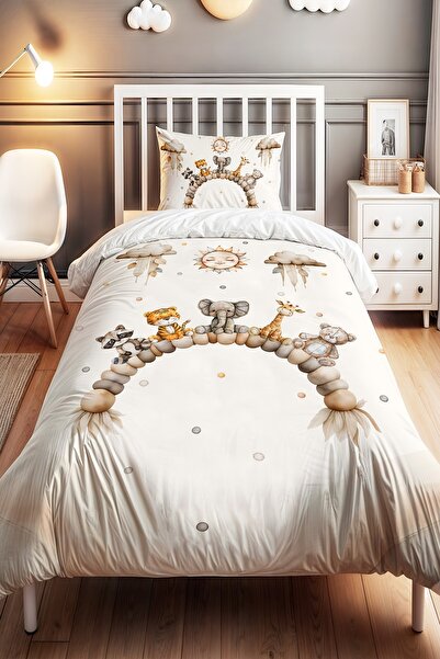 EVPANYA Oturan Sevimli Dostlar Desenli Tek Kişilik Bebek Çocuk Nevresim Seti