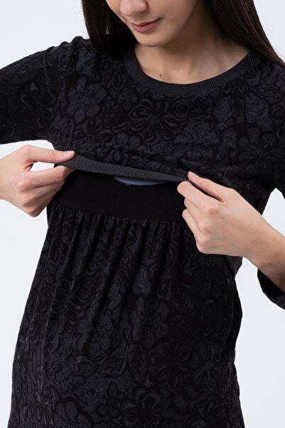 BUSA Hamile Emzirme Detaylı Esnek Midi Desenli Boy Elbise Antrasit