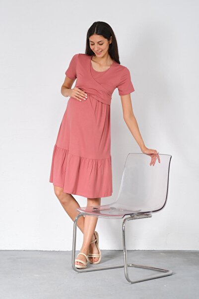 BUSA Hamile Emzirme Detaylı Kısa Kollu Penye Elbise GÜL KURUSU