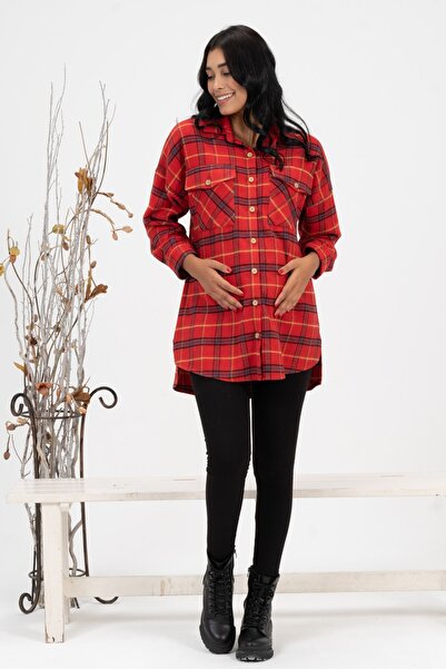 BUSA Hamile Önden Cepli Düğmeli Ekose Oduncu Gömlek Kırmızı
