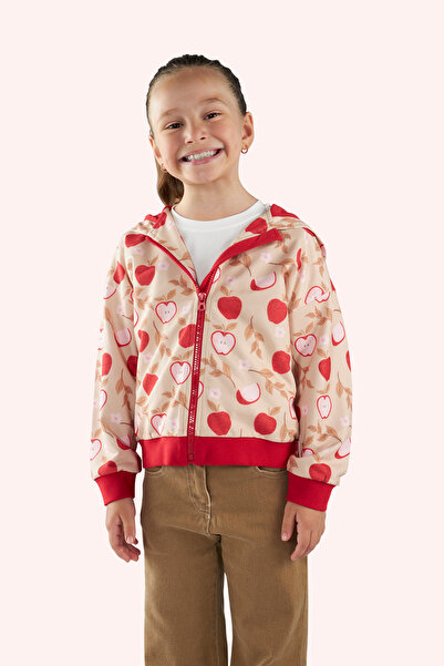 Panço Kız Çocuk Fermuarlı Elma Desenli Bej Sweatshirt