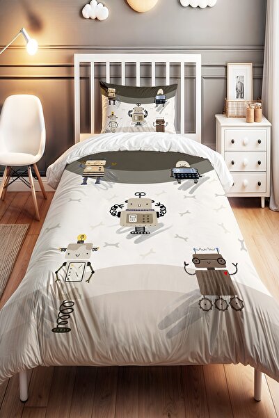 EVPANYA مجموعة مفروشات أطفال مفردة منقوشة بروبوتات مخططة على شكل فيونكة