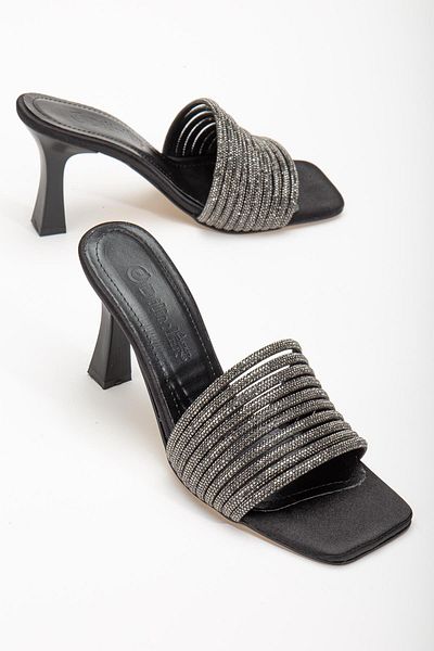 Dilimler Ayakkabı Face Piping Stoned Goblet Heel Black Women's Evening Dress Slippers Shoes