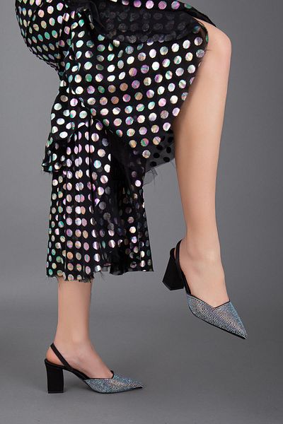 Dilimler Ayakkabı Satin Symmetrical Cut Stoned Black Large Size Women's Shoes Heels
