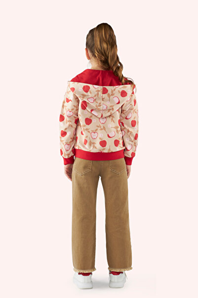 Panço Kız Çocuk Fermuarlı Elma Desenli Bej Sweatshirt