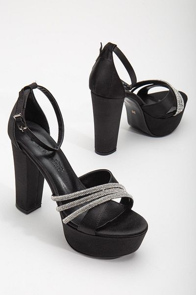 Dilimler Ayakkabı Satin Cross Stoned 40mm Black Women's Platform Heeled Evening Dress Shoes