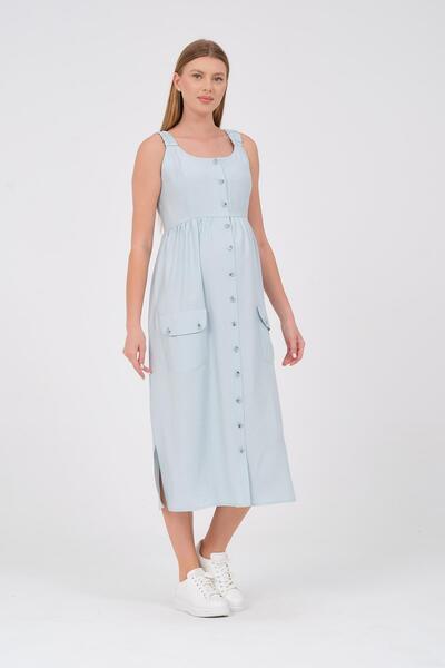 BUSA Maternity Midi Dress with Straps, Front Buttons and Pockets Mi̇ntyeşi̇li̇