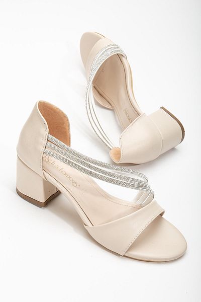 Dilimler Ayakkabı Thick Tekband 3 Rows Cross Stoned Tan Women's Evening Dress Short Heeled Sandals