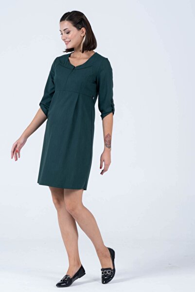 BUSA Πράσινο υφαντό casual φόρεμα εγκυμοσύνης με φερμουάρ μπροστά