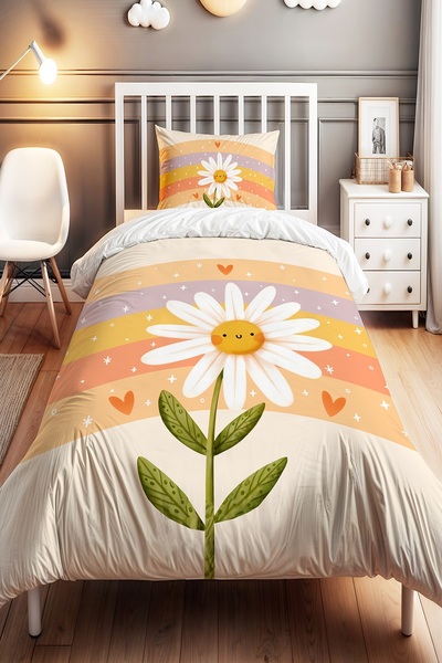 EVPANYA Sevimli Papatya Desenli Tek Kişilik Bebek Çocuk Nevresim Seti