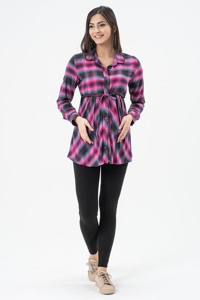 BUSA Maternity Shirt Plaid Model Pink with Belt