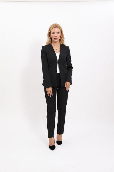 ÖNDER ÖZSOY Black V-Neck Long Jacket and Pipe Leg Trousers Set