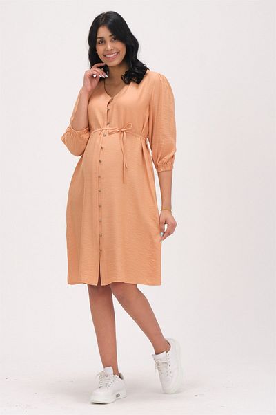 BUSA Rochie de maternitate de culoare somon - decolteu in V, buzunare laterale si maneci elastice